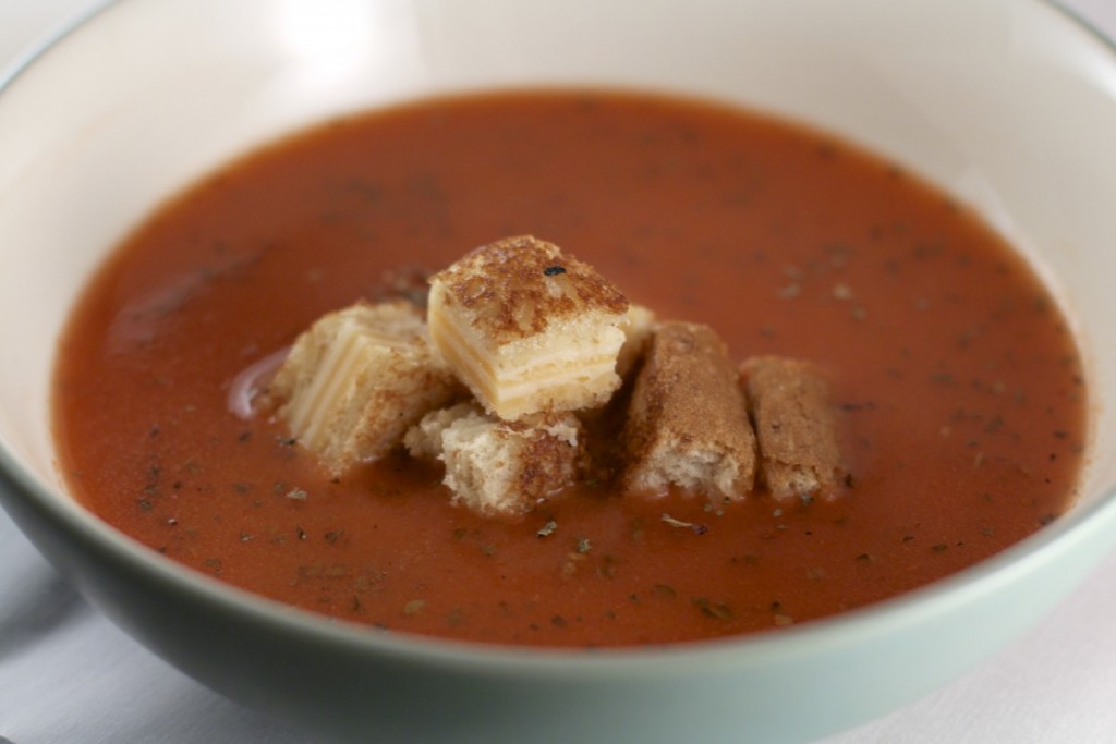 Roasted Tomato Soup with Grilled Cheese Croutons