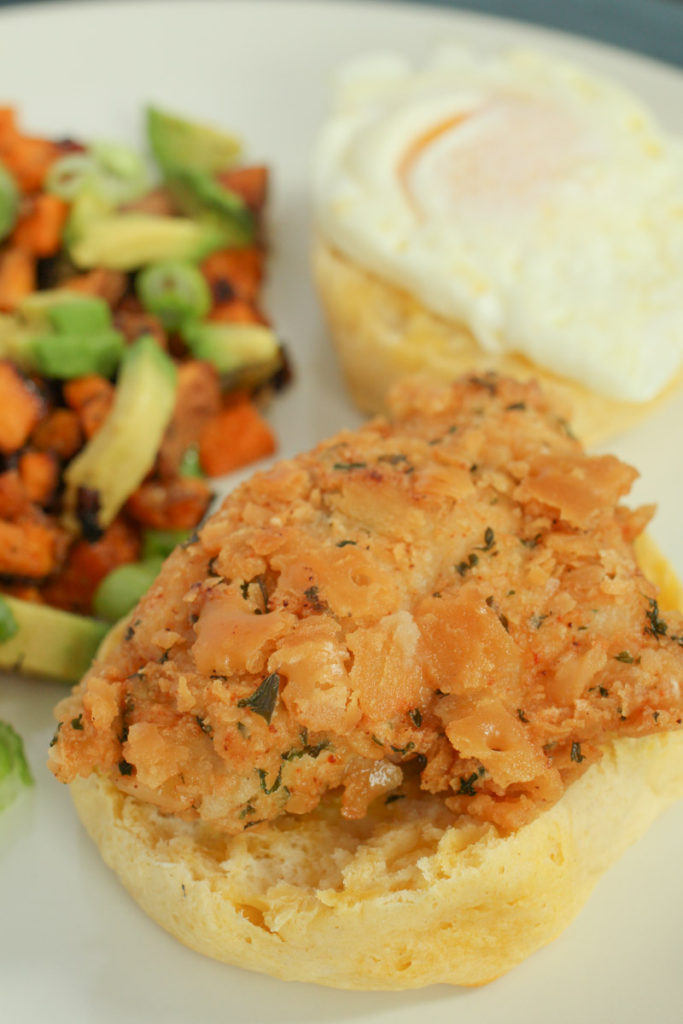 A Crunchy Fried Chicken Brunch with Buttery Biscuits and Hash