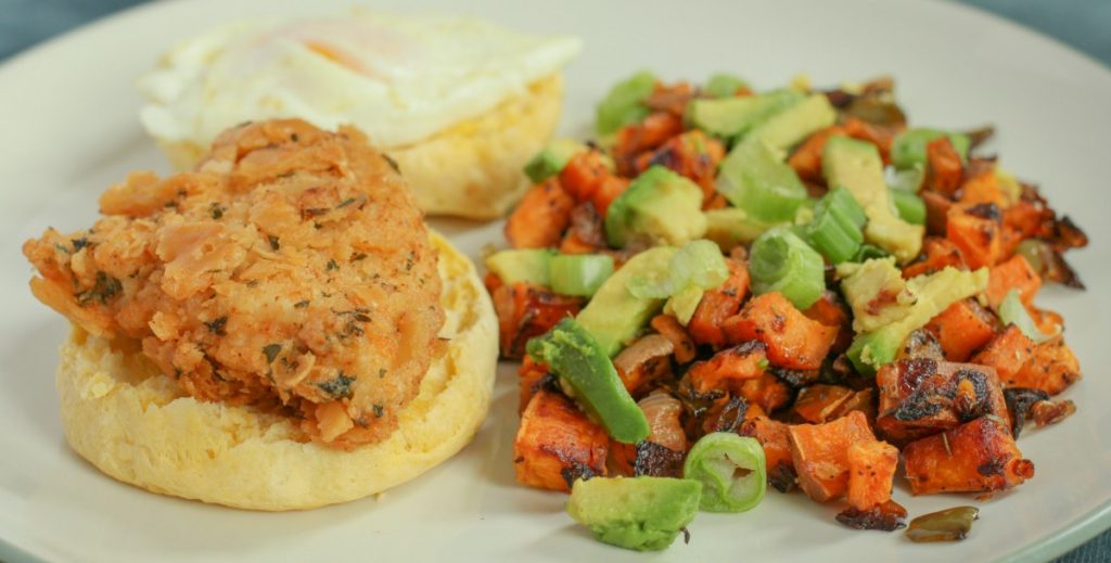 A Crunchy Fried Chicken Brunch with Buttery Biscuits and Hash