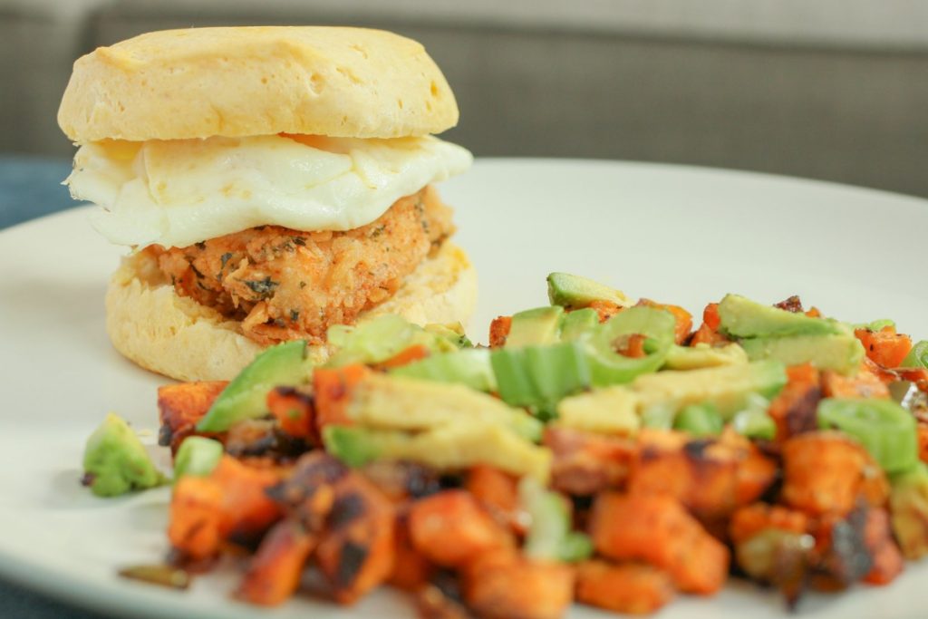 A Crunchy Fried Chicken Brunch with Buttery Biscuits and Hash