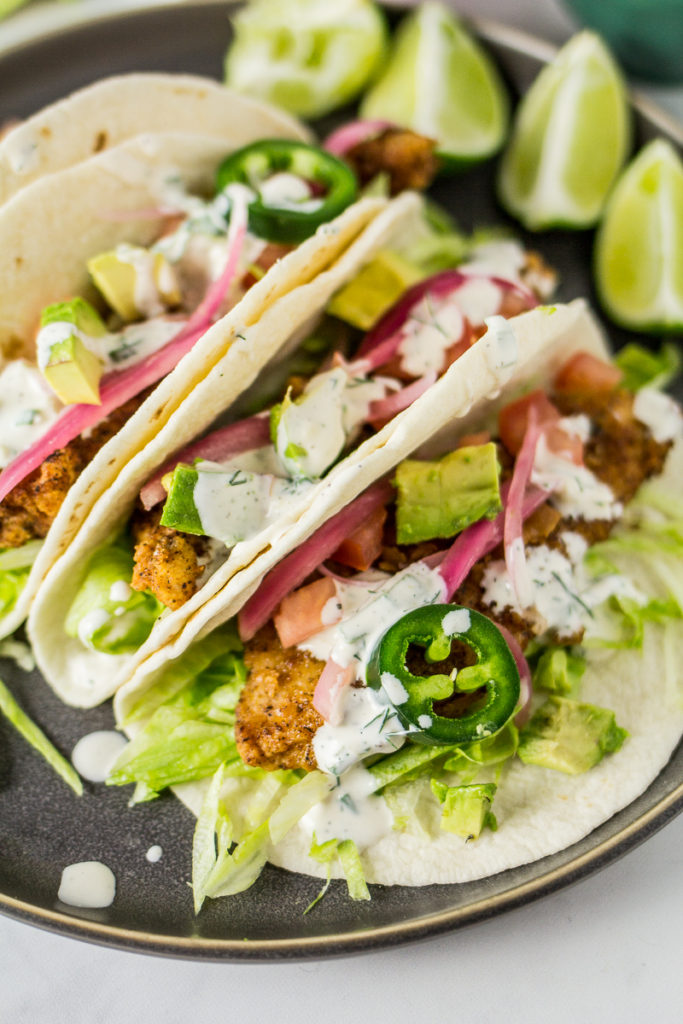 Fried chicken tacos with garlic ranch sauce