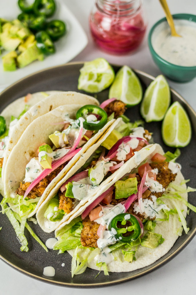 Fried chicken tacos with garlic ranch sauce