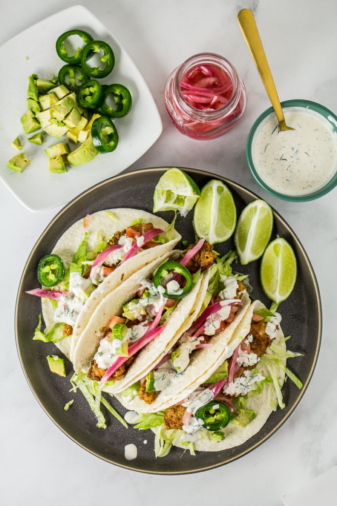 Fried chicken tacos with garlic ranch sauce