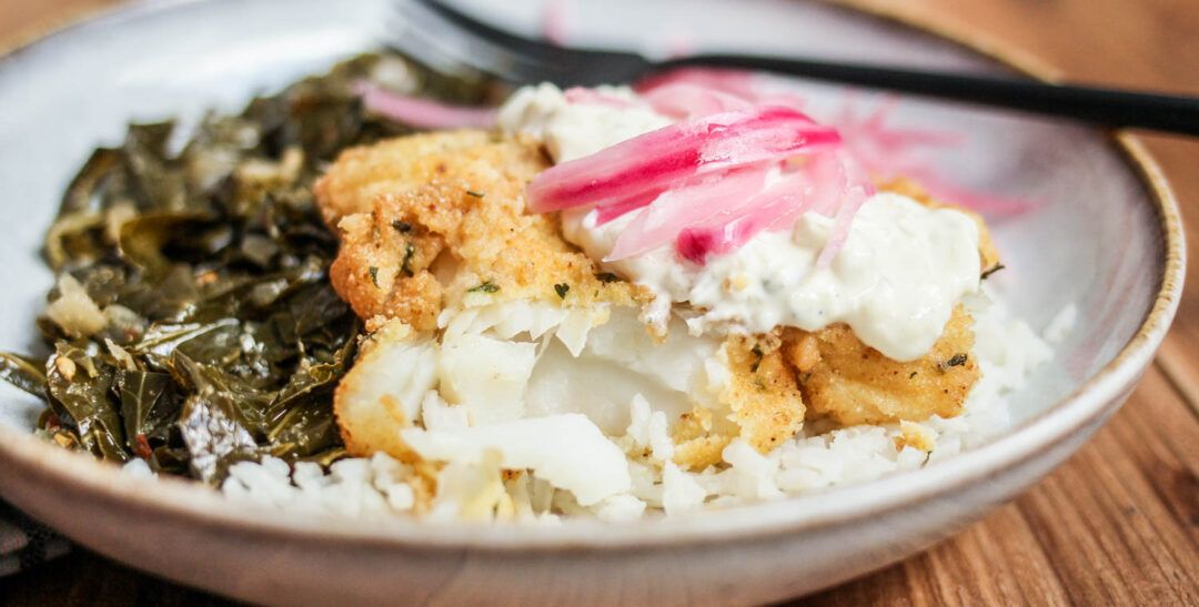 Cornmeal Fried Cod Rice Bowl