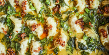 Trader Joe's Dumpling Bake in Yellow Thai Sauce in a bowl