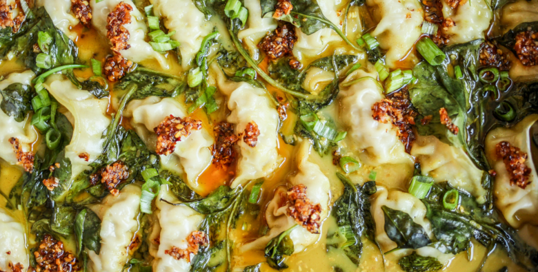 Trader Joe's Dumpling Bake in Yellow Thai Sauce in a bowl