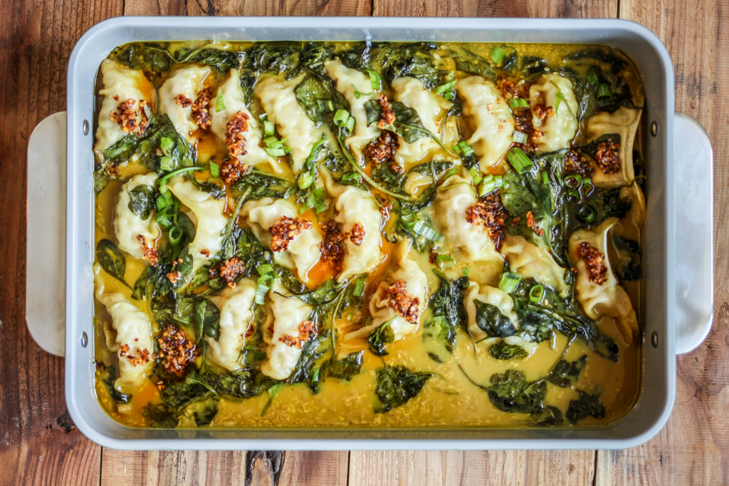 Trader Joe's Dumpling Bake in Yellow Thai Sauce in a 9x13 baking pan